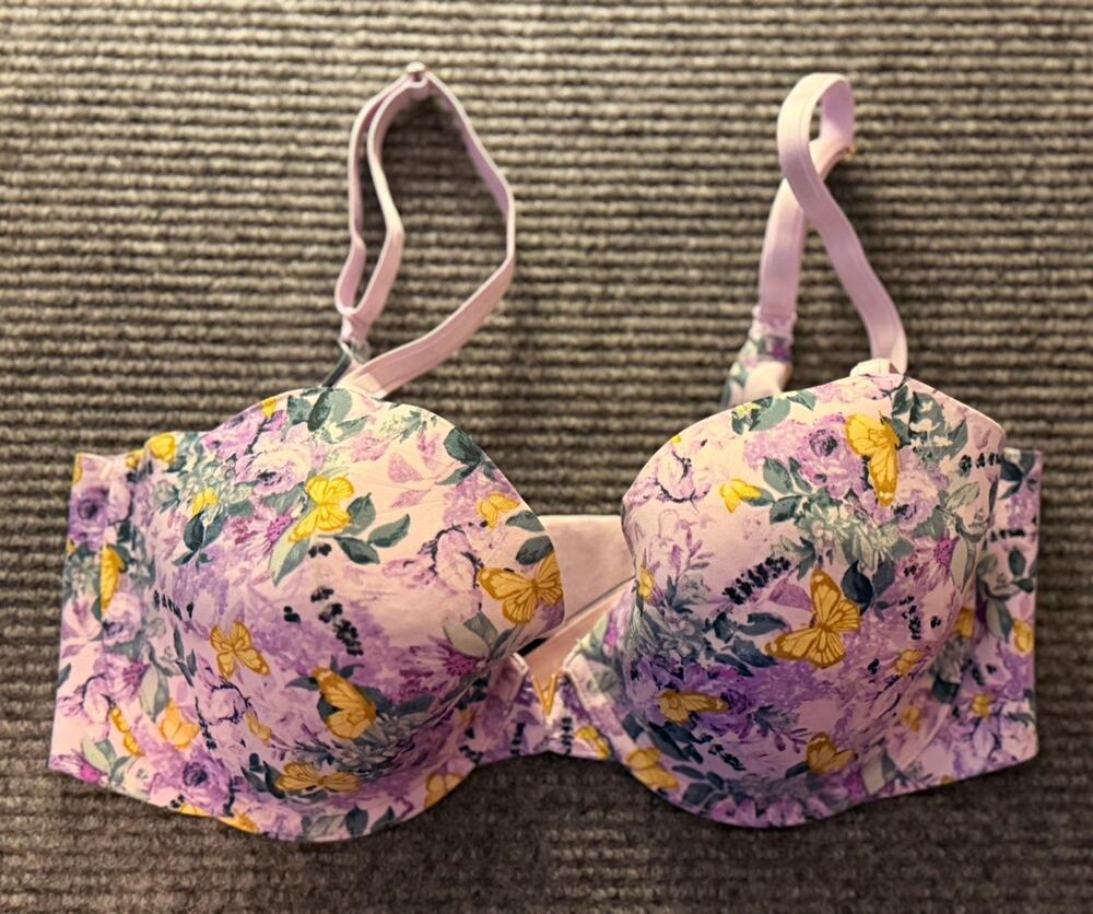 Victoria's Secret 36DD/E80 Floral Butterfly Bra Lavender Purple Yellow